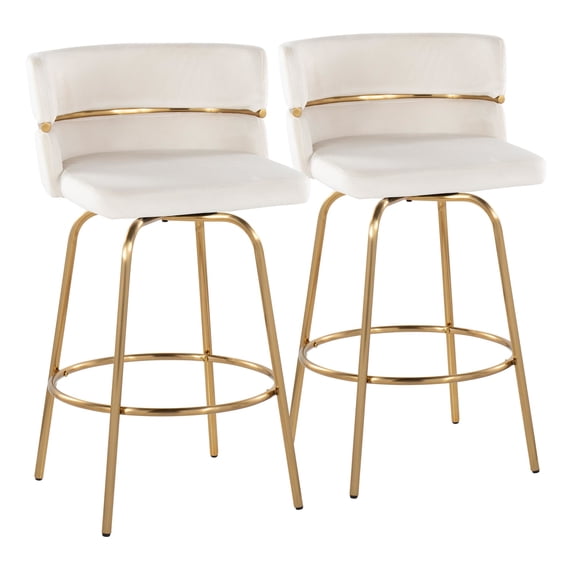 Cinch 26" Glam/Art Deco Fixed-Height Counter Stool with Swivel in Gold Metal and Cream Velvet with Round Footrest by LumiSource - Set of 2