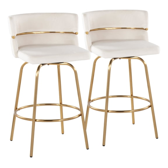 Cinch 26" Glam/Art Deco Fixed-Height Counter Stool with Swivel in Gold Metal and Cream Velvet with Round Footrest by LumiSource - Set of 2