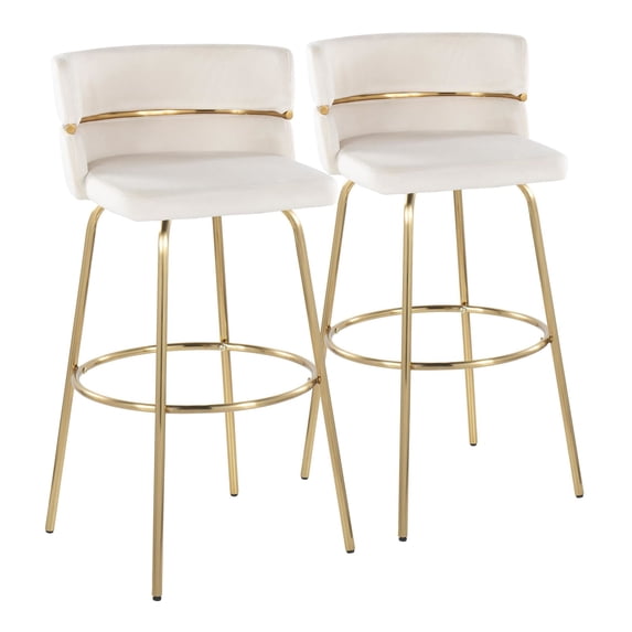 Cinch 30" Glam/Art Deco Fixed-Height Barstool with Swivel in Gold Metal and Cream Velvet with Round Footrest by LumiSource - Set of 2
