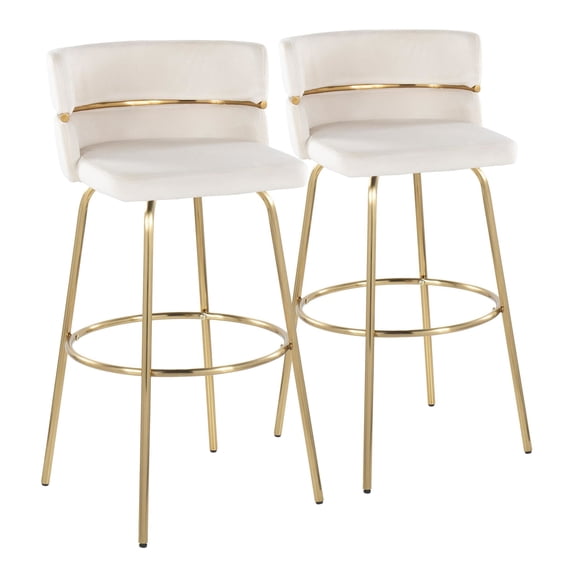 Cinch 30" Glam/Art Deco Fixed-Height Barstool with Swivel in Gold Metal and Cream Velvet with Round Footrest by LumiSource - Set of 2