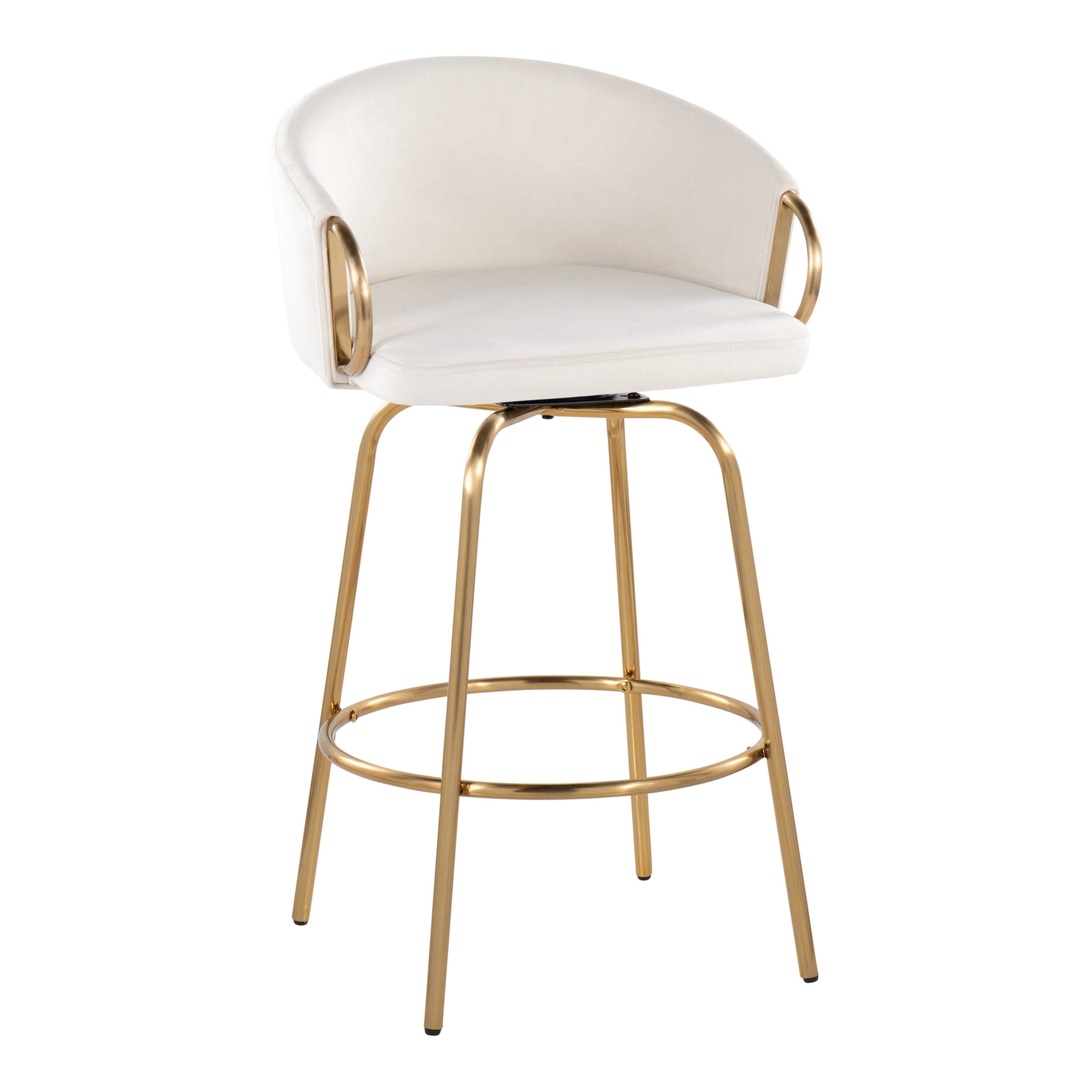Claire 26'' White Velvet and Gold Metal Swivel Counter Stool Set