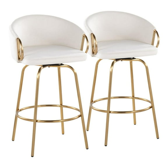LumiSource Gold Metal, Cream Velvet Claire 26" Fixed-Height Counter Stool - Set of 2