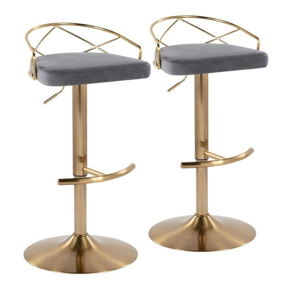 LumiSource Gold Metal, Grey Velvet Charlotte Glam Adjustable Barstool - Set of 2