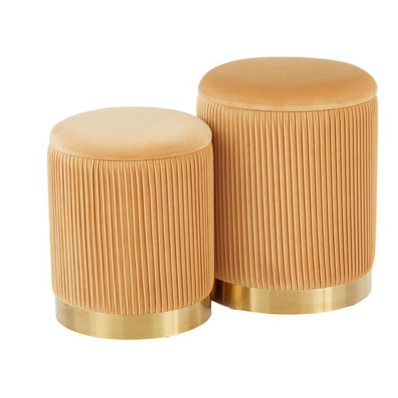 Marla Contemporary Nesting Pleated Ottoman Set in Gold Metal and Orange Velvet by LumiSource