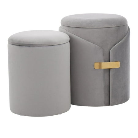 LumiSource Gold Metal, Silver Velvet Dahlia Ottoman Set