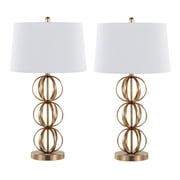 29.5" Gold Plated Table Lamps w/ Off-White Linen Drum Shades Set of 2