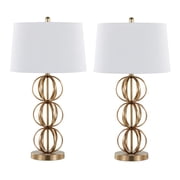 29.5 Gold Plated Table Lamps w/ Off-White Linen Drum Shades Set of 2