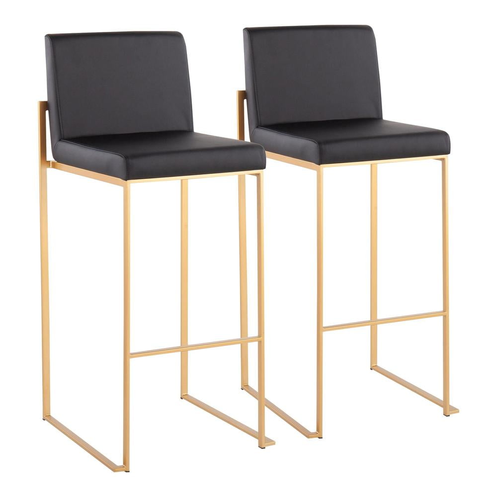 Fuji High Back Gold Steel and Black Faux Leather Bar Stools