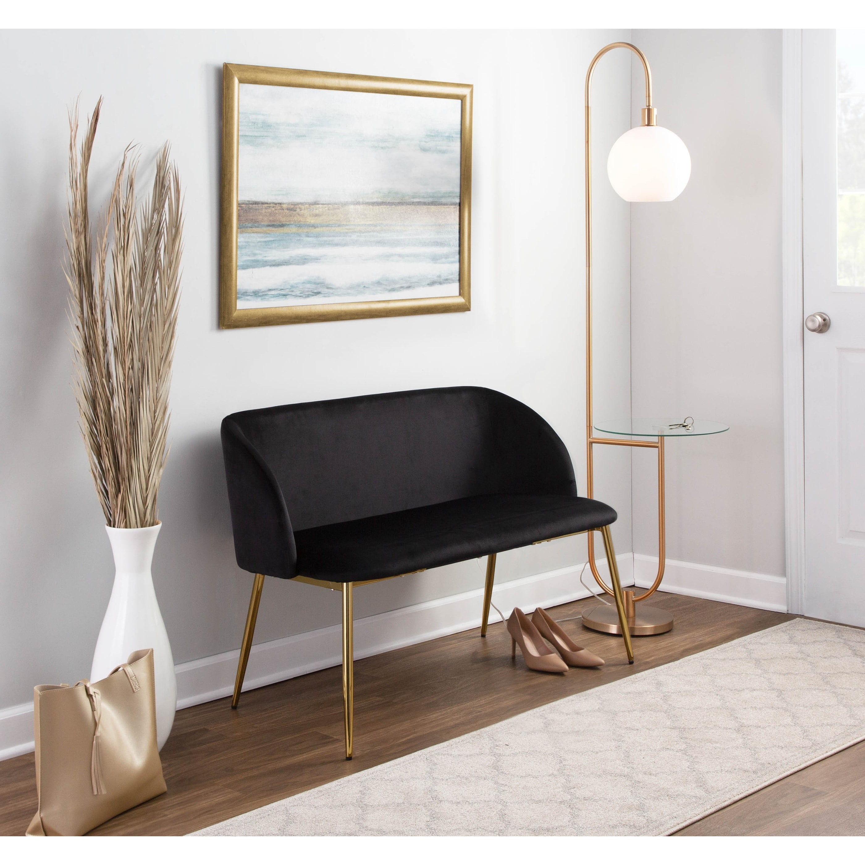 46" Black Velvet and Gold Steel Glam Bench