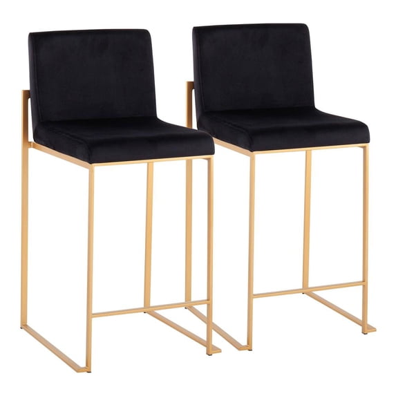 Fuji Contemporary High Back Counter Stool In Gold Steel And Black Velvet - Set Of 2