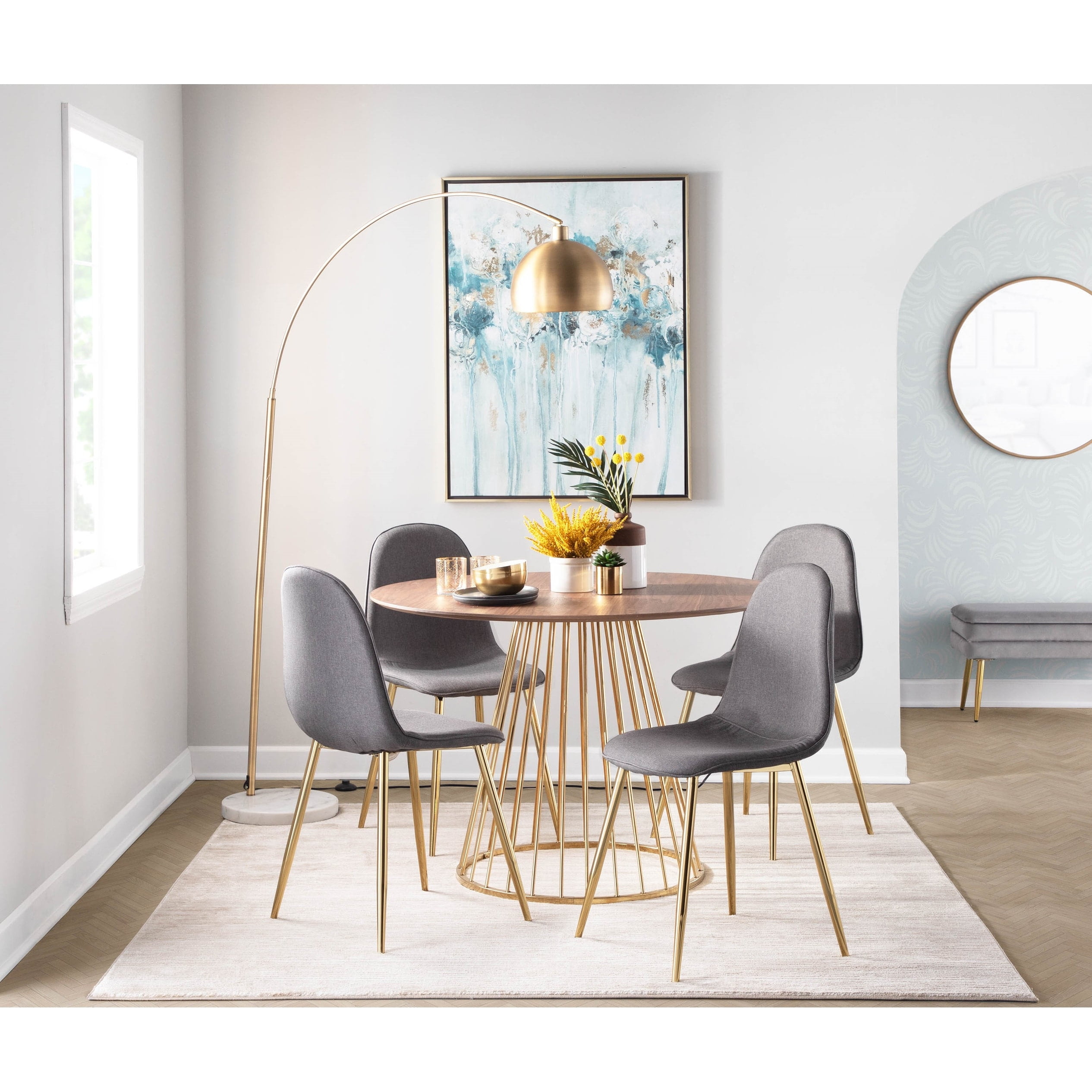 Set of 2 Gold Steel & Charcoal Fabric Contemporary Dining Chairs