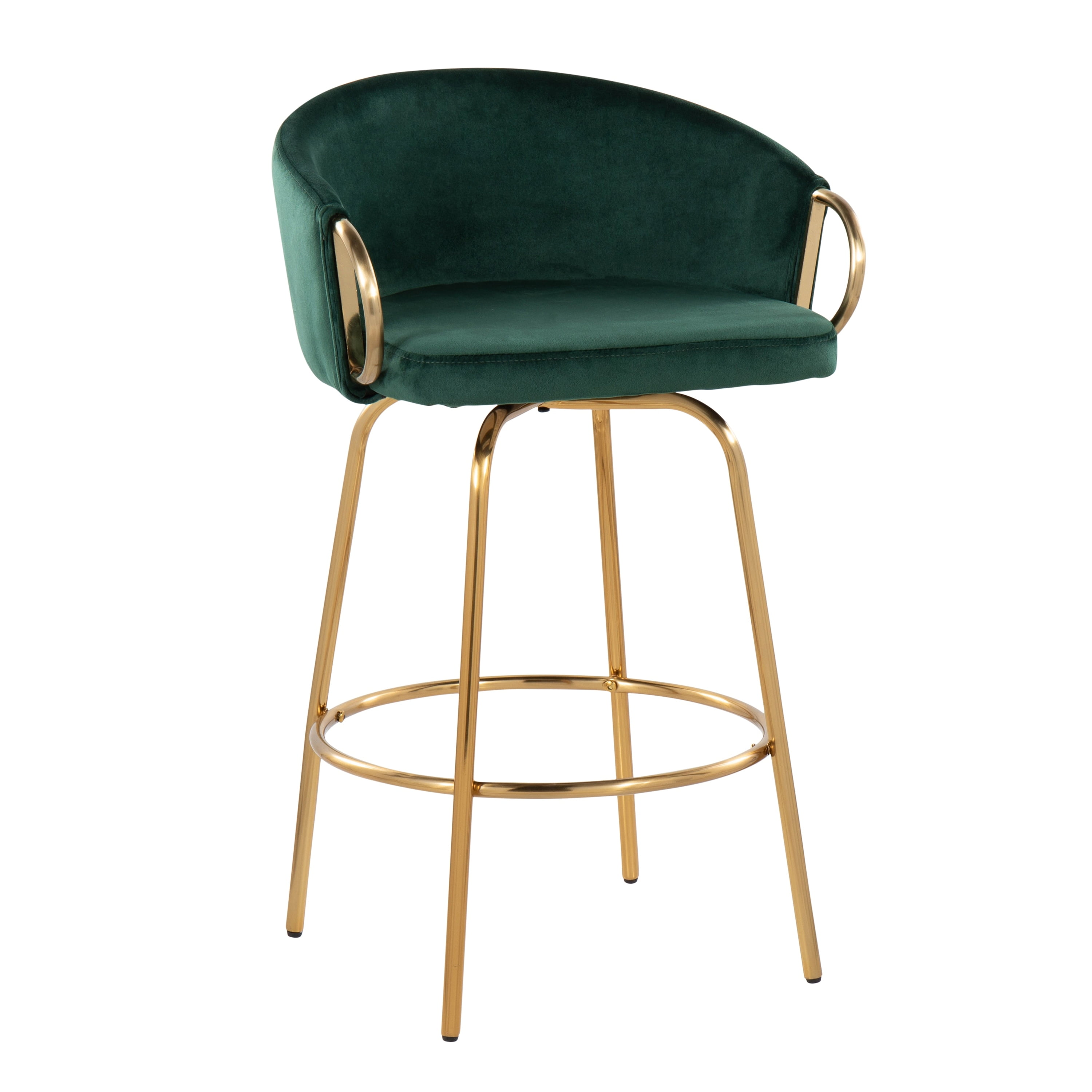 Emerald Green Velvet Swivel Counter Stools with Gold Metal Base, Set of 2