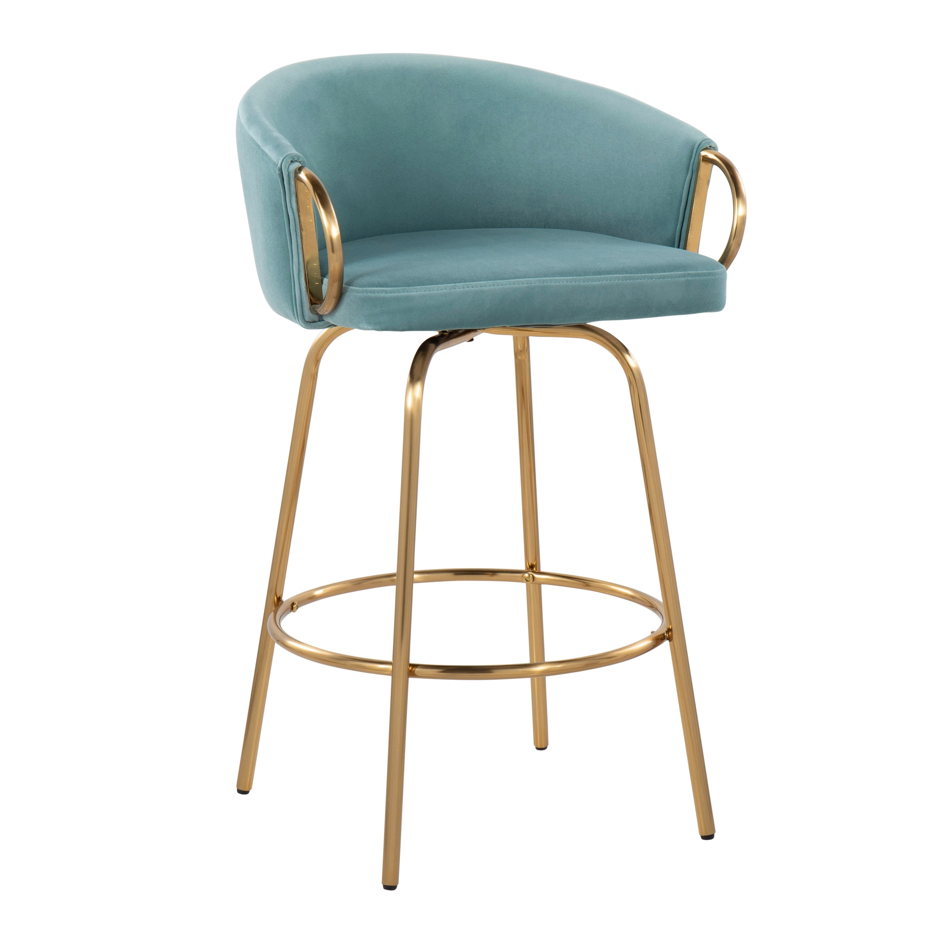 Claire Light Blue Velvet and Gold Metal Swivel Counter Stools, Set of 2
