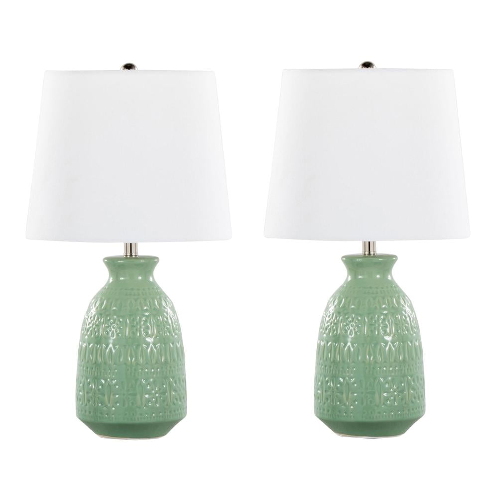 Claudia 20" Green Ceramic Accent Lamps with White Shades, Set of 2