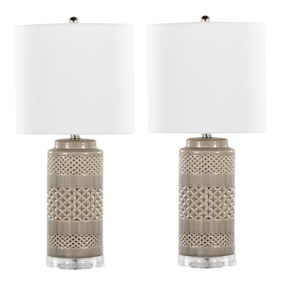 LumiSource Casa 21" Ceramic Table Lamp w/ Cylindrical Base & Linen Shade (Set of 2) Opal Grey Ceramic/White Shade