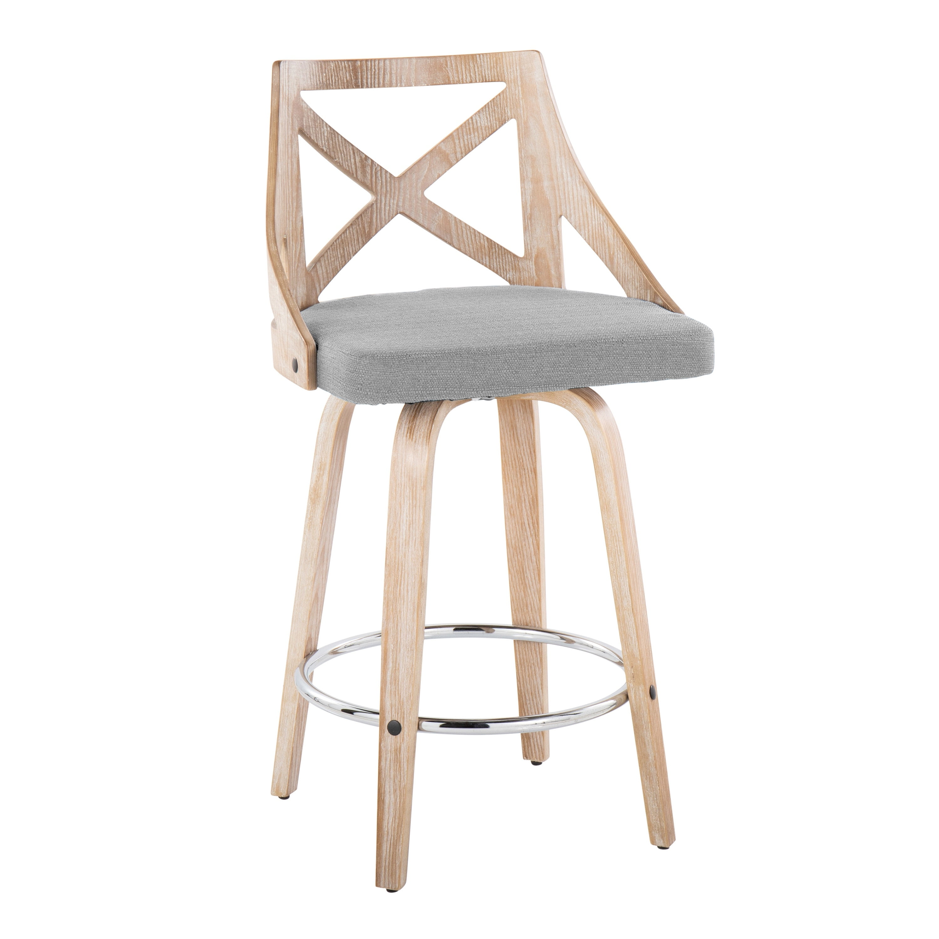 Charlotte 26" Light Grey Fabric and White Washed Wood Swivel Counter Stools