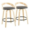 thumbnail image 1 of Grotto 26" Mid-Century Modern Fixed-Height Counter Stool with Swivel in Natural Wood and Grey Faux Leather with Round Black Metal Footrest by LumiSource - Set of 2, 1 of 9