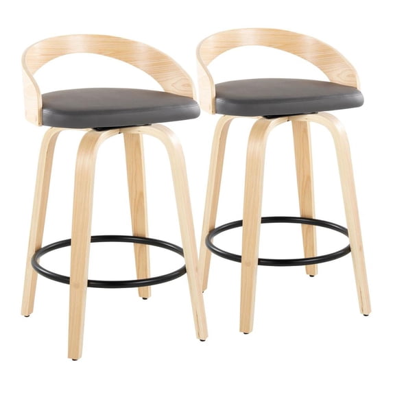 Grotto 26" Mid-Century Modern Fixed-Height Counter Stool with Swivel in Natural Wood and Grey Faux Leather with Round Black Metal Footrest by LumiSource - Set of 2