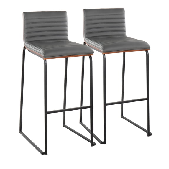 Mason Mara 30" Contemporary Fixed-Height Barstool in Black Metal, Walnut Wood and Grey Faux Leather by LumiSource - Set of 2