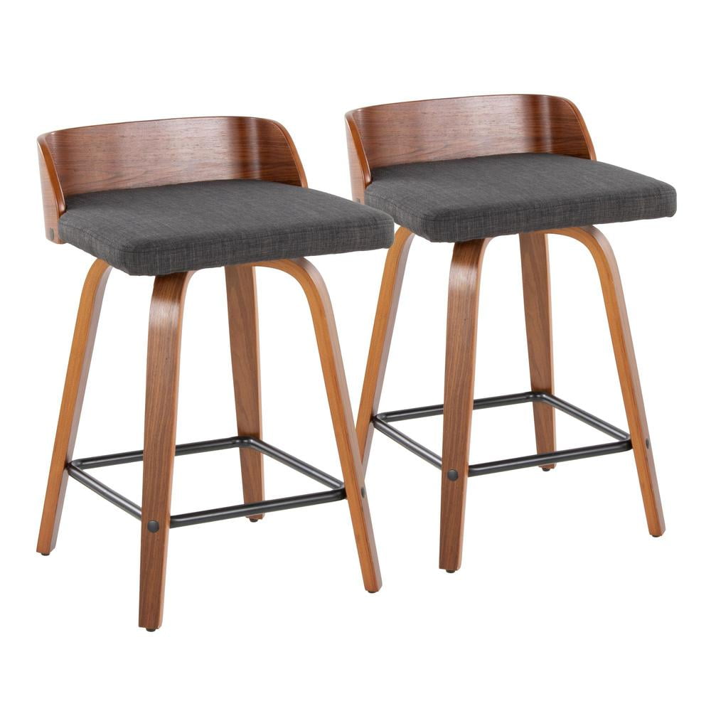 Dark Gray Swivel Counter Stool with Walnut Wood and Metal Frame