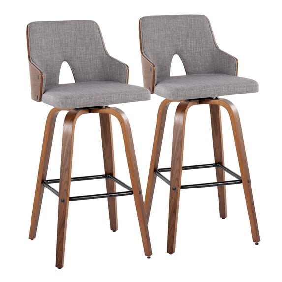 Stella 30" Mid-Century Modern Fixed-Height Barstool with Swivel in Walnut Wood, Light Grey Fabric and Square Black Metal Footrest by LumiSource - Set of 2