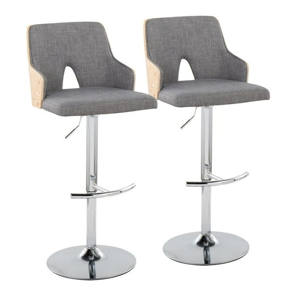 Stella Contemporary Adjustable Barstool Stool with Swivel in Chrome Metal, Natural Wood and Light Grey Fabric with Rounded "T" Footrest by LumiSource - Set of 2
