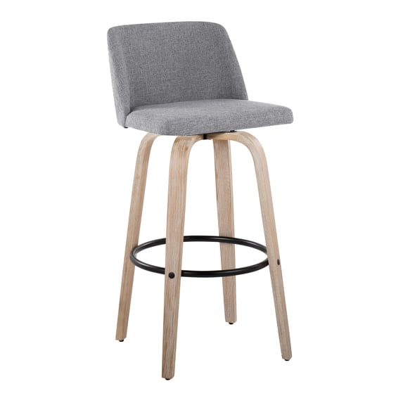 The Gray Barn Vallberga 30" Fixed-Height Bar Stool with White Washed Wood Base (Set of 2) Grey Fabric/Black Round Footrest Washed,Black Finish