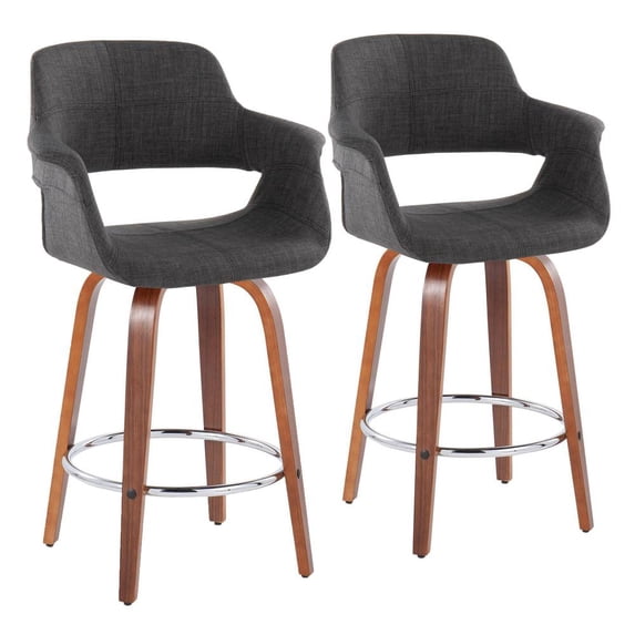 Vintage Flair 26" Mid-Century Modern Fixed-Height Counter Stool with Swivel in Walnut Wood and Charcoal Fabric with Round Chrome Metal Footrest by LumiSource - Set of 2