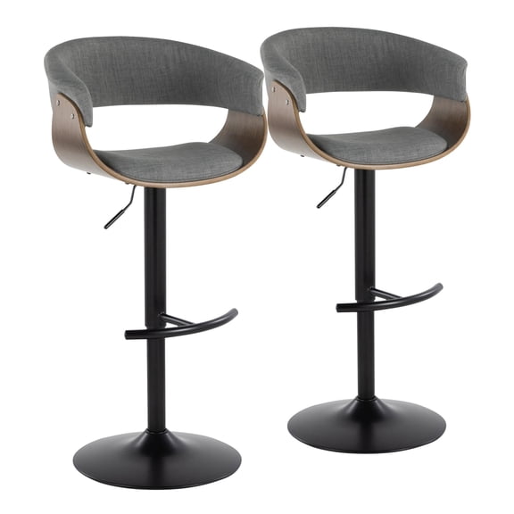 Vintage Mod Mid-Century Modern Adjustable Height Barstool with Swivel in Black Metal, Walnut Wood and Light Grey Fabric with Rounded "T" Footrest by LumiSource - Set of 2
