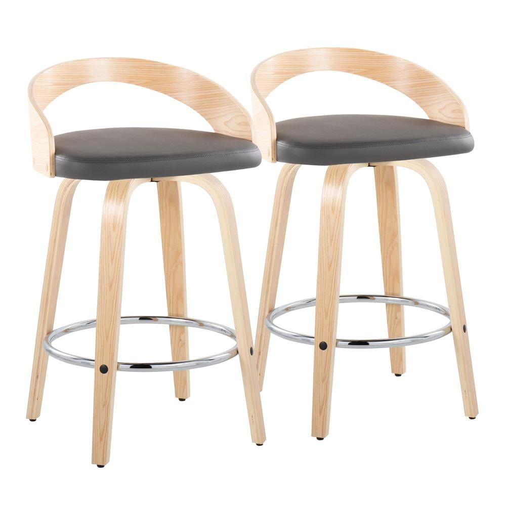Natural Wood and Chrome Swivel Counter Stool with Grey Seat