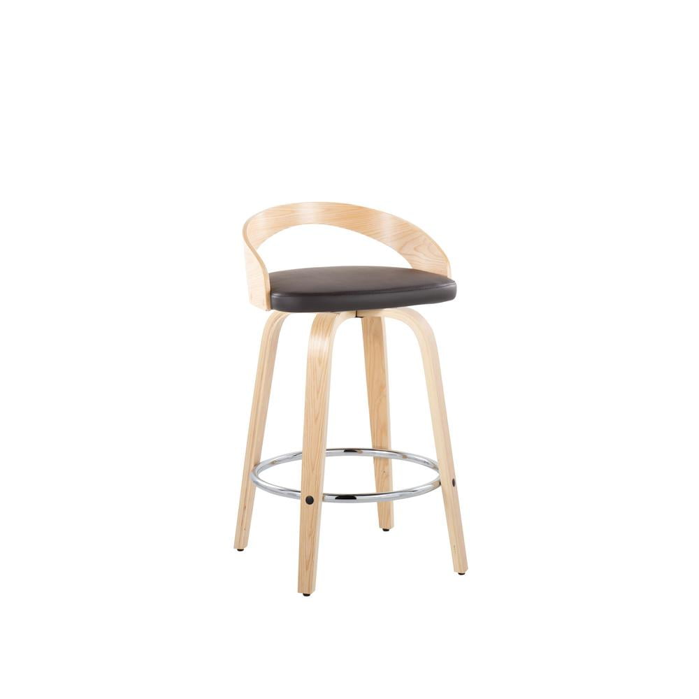 Natural Brown Chrome Swivel Wood and Leather Counter Stool