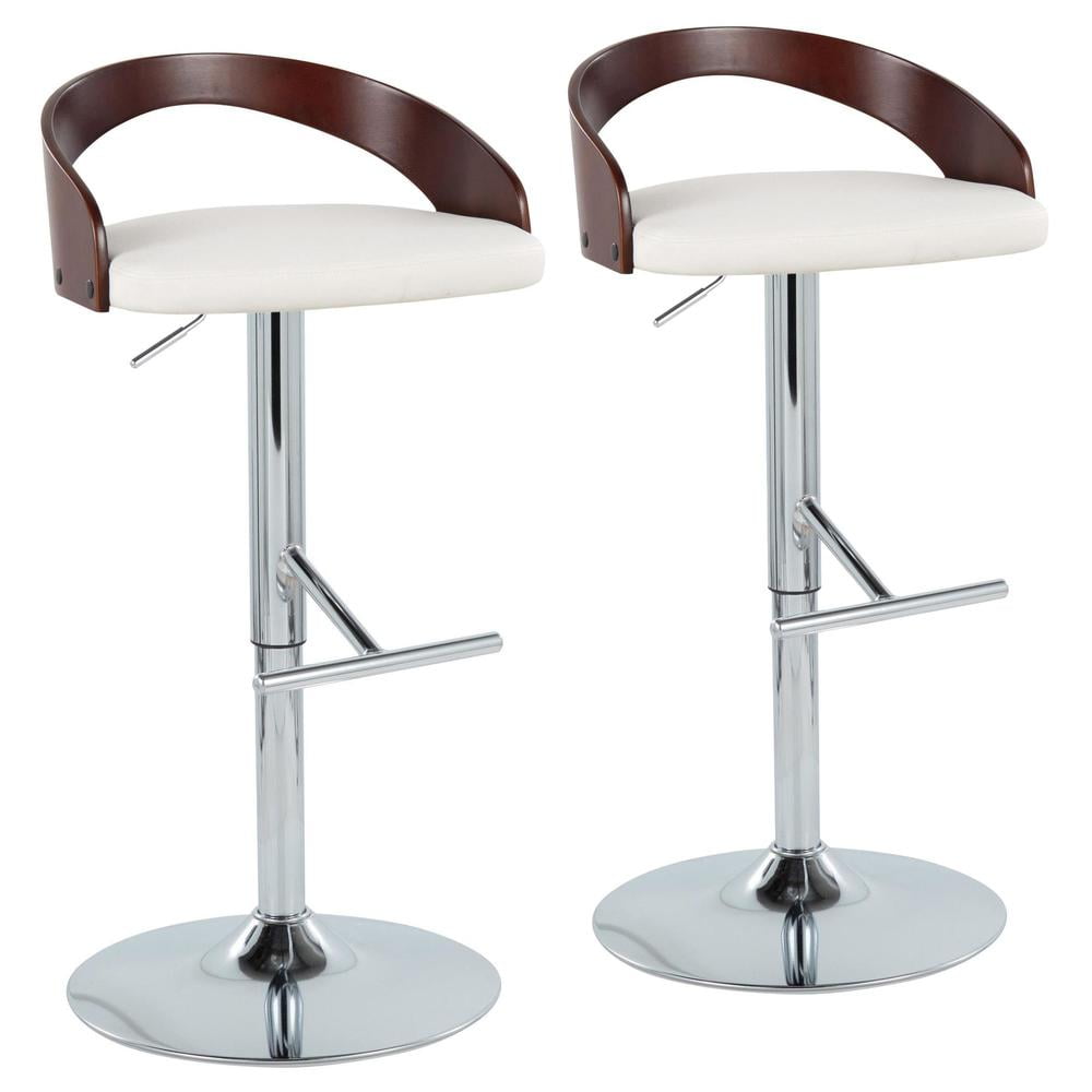 White Faux Leather Adjustable Swivel Barstool with Wood Backrest