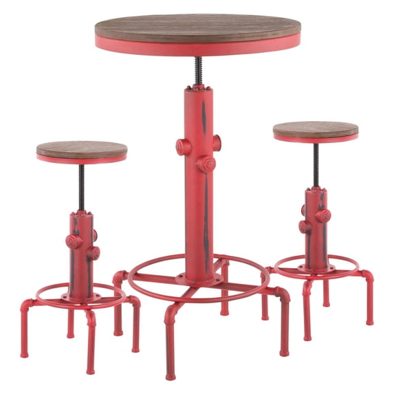 LumiSource Hydra Industrial Table With 2 Stools, Vintage Red/Brown Bamboo