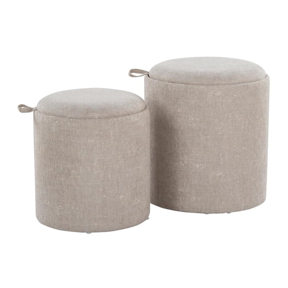 Tray Nesting Ottoman Set, Storage Ottoman, Small Ottoman, Round Ottoman Foot Rest, Pouf Ottoman, Foot Stool Ottoman for Living Room, Fabric Ottoman with Storage (Light Brown)