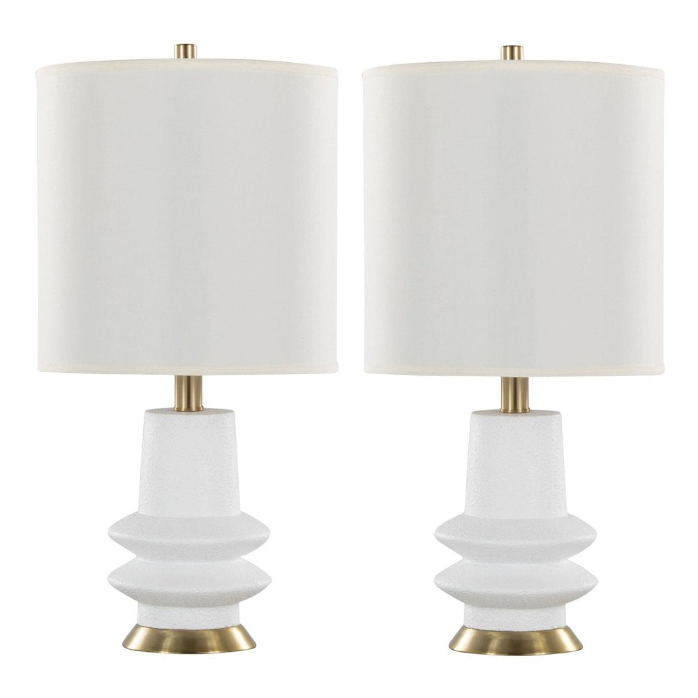 Set of 2 White Polyresin Table Lamps with Brass Accents