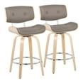 thumbnail image 1 of Lombardi 30" Mid-Century Modern Fixed-Height Barstool with Swivel in Natural Wood and Light Grey Faux Leather with Round Chrome Metal Footrest by LumiSource - Set of 2, 1 of 4