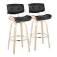 thumbnail image 1 of Lombardi 30" Mid-Century Modern Fixed-Height Barstool with Swivel in Natural Wood and Black Faux Leather with Round Chrome Metal Footrest by LumiSource - Set of 2, 1 of 10