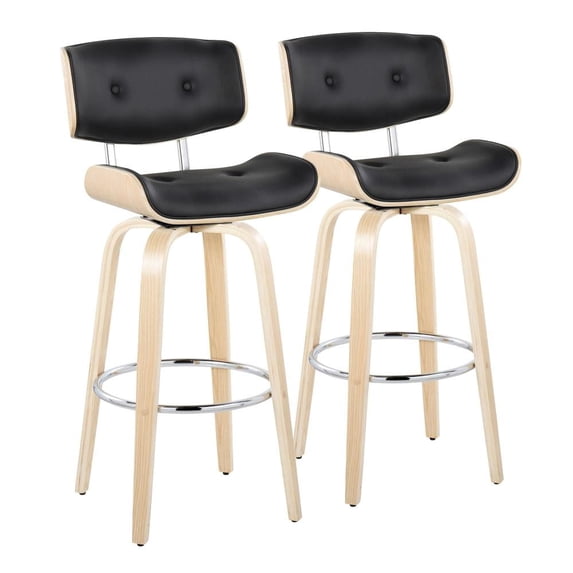 Lombardi 30" Mid-Century Modern Fixed-Height Barstool with Swivel in Natural Wood and Black Faux Leather with Round Chrome Metal Footrest by LumiSource - Set of 2