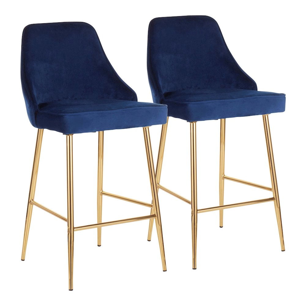 Marcel Blue Velvet and Gold Metal Counter Stools, Set of 2