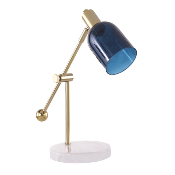 Marcel Contemporary Table Lamp in White Marble, Gold Metal and Blue Glass