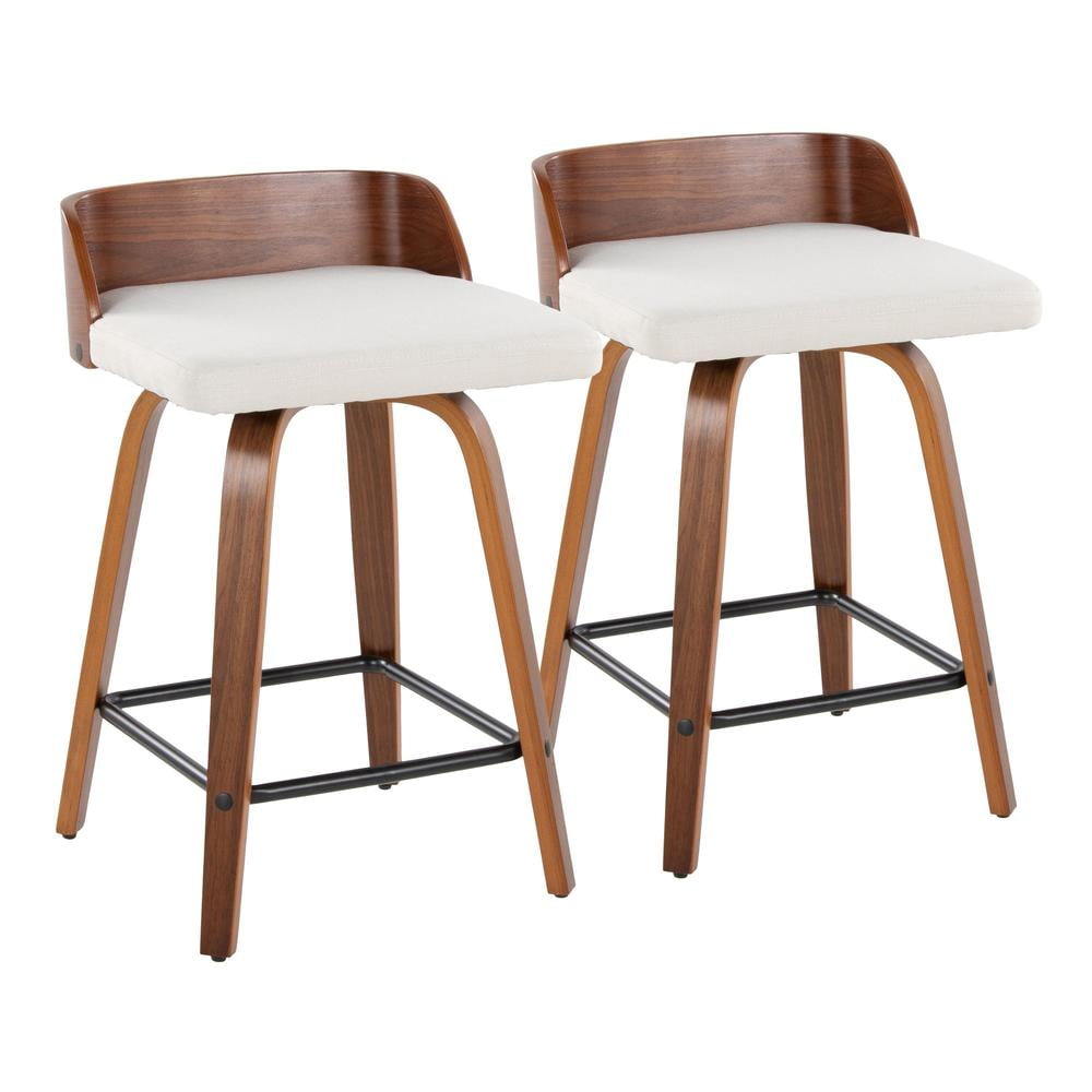 Beige Swivel Counter Stool with Walnut Wood and Metal Frame