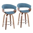 thumbnail image 1 of Vintage Mod 26" Mid-Century Modern Fixed-Height Counter Stool with Swivel in Walnut Wood and Blue Fabric with Round Chrome Metal Footrest by LumiSource - Set of 2, 1 of 9