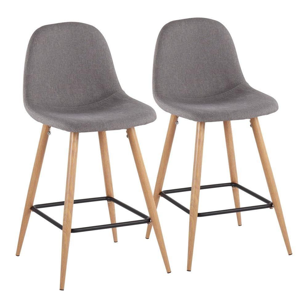 Mid-Century Modern Charcoal Fabric and Natural Metal Counter Stools, Set of 2