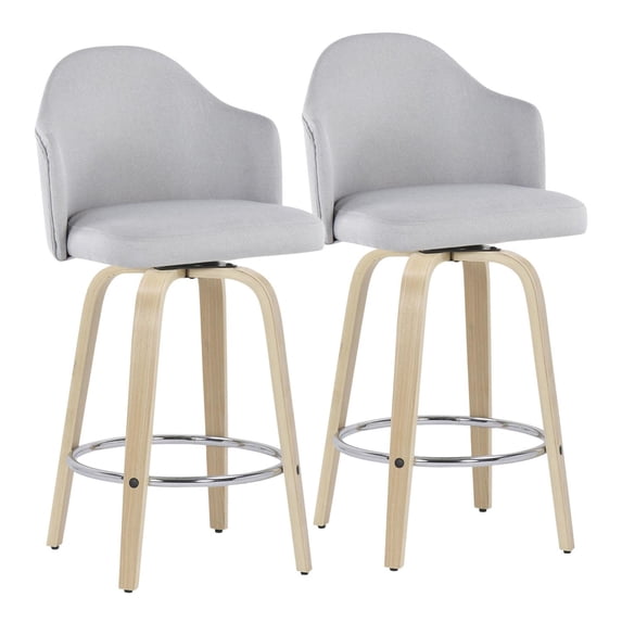 LumiSource Natural Wood, Chrome, Light Grey Fabric Ahoy Counter Stool - Set of 2