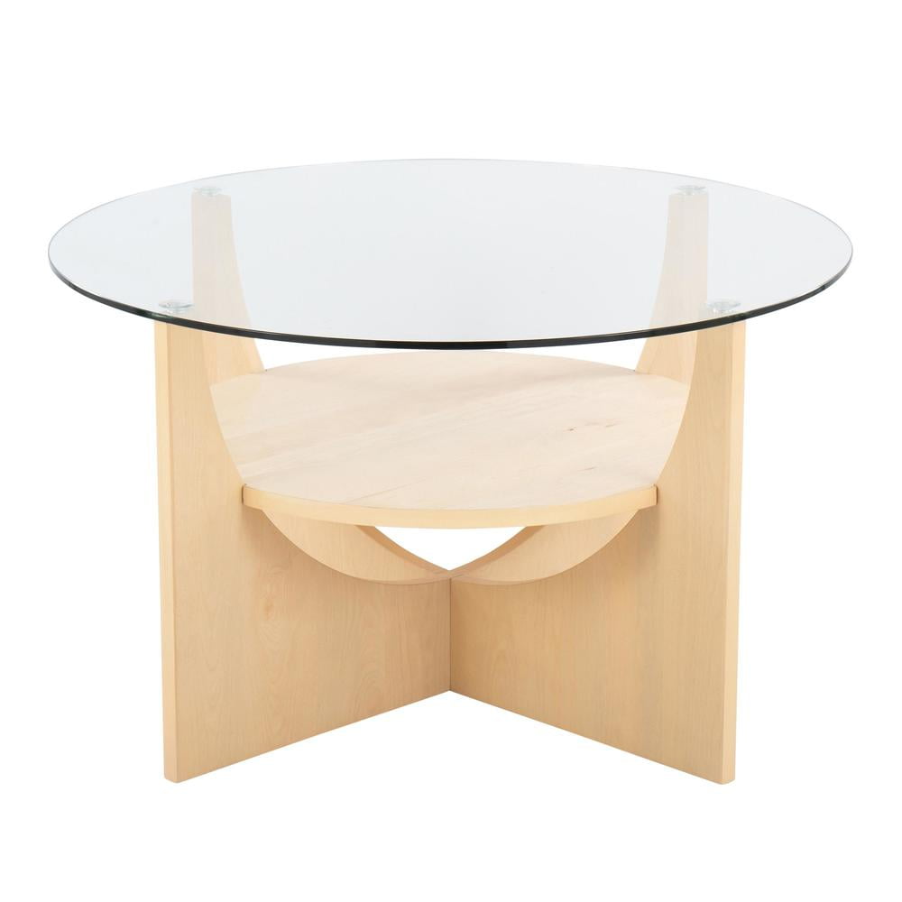 Natural Wood and Clear Glass Round Coffee Table with Floating Shelf