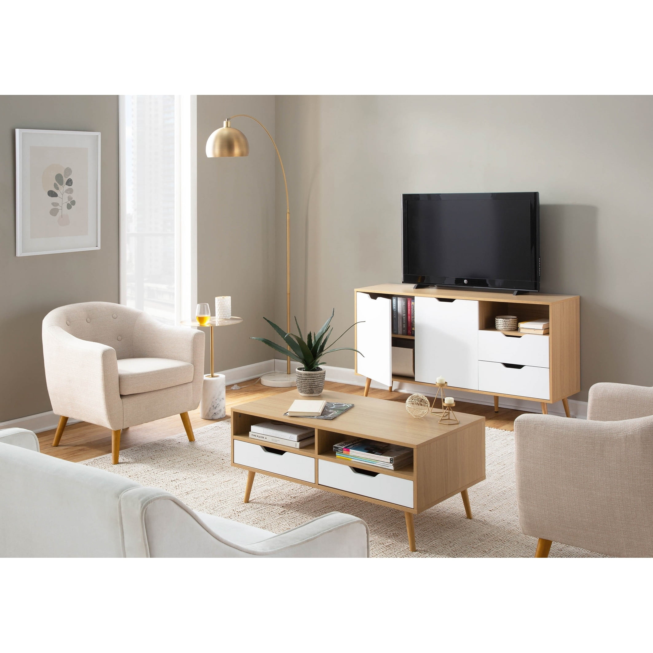 Beige Barrel Accent Chair with Wood Legs