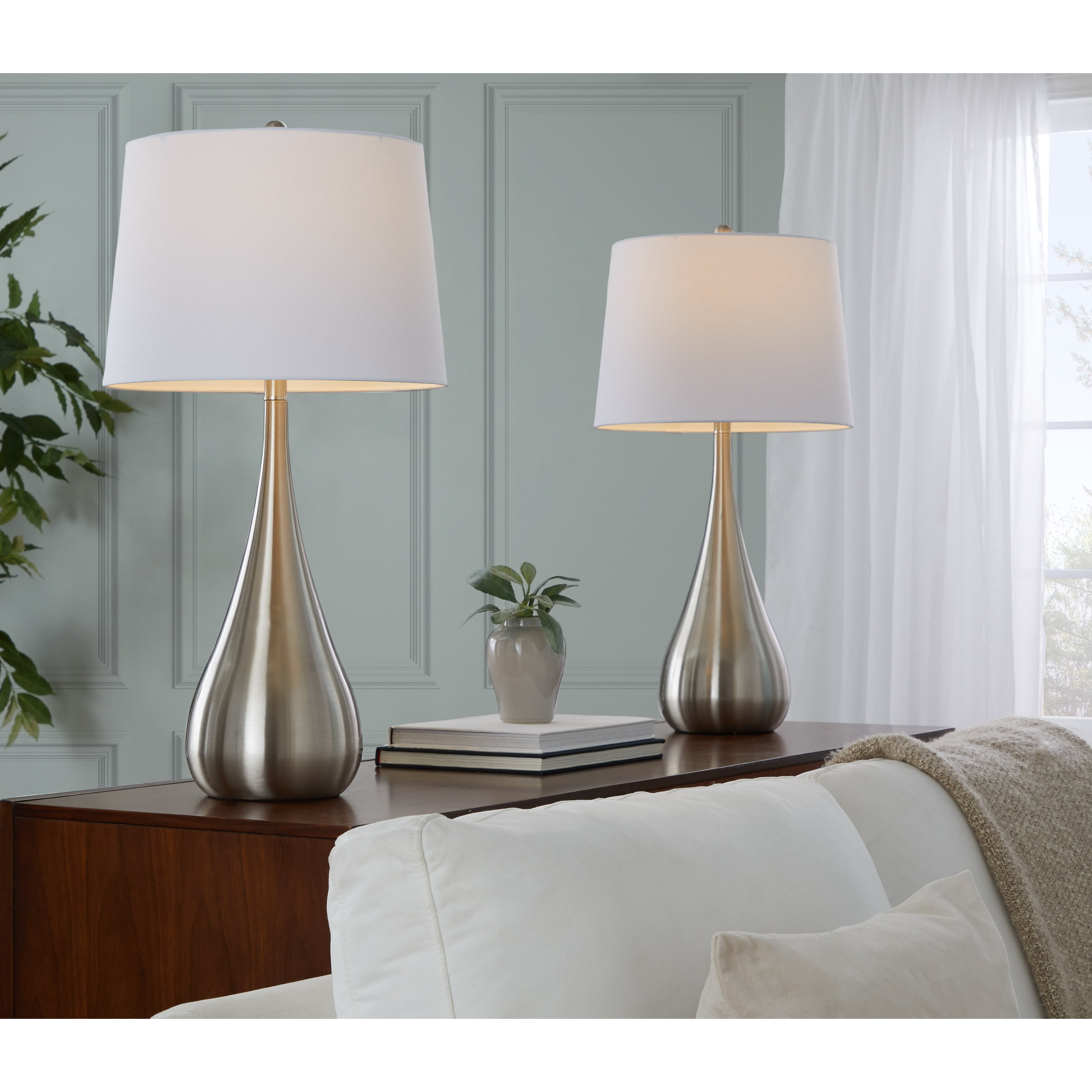 Set of 2 Brushed Nickel Teardrop Table Lamps with White Linen Shades