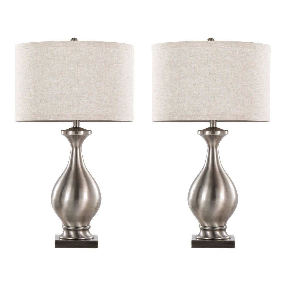 Elegant Brushed Coal Metal Table Lamp Set with White Linen Shade