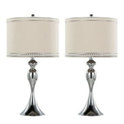 26.75" Mirrored Polished Chrome Table Lamp Set ft. Curvy Seamless Hourglass Body and Natural Linen Drum Shade with Satin Silver-Edged Studded Self Trim Set of 2