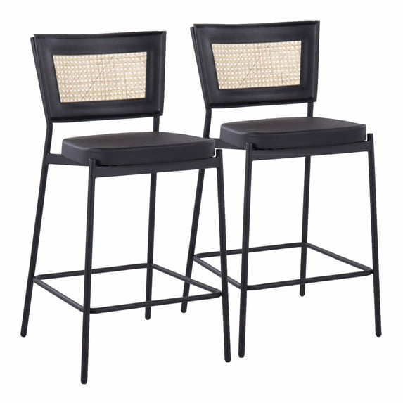 Rattan Tania Contemporary Counter Stool In Black Metal, Black Faux Leather, And Rattan Back - Set Of 2
